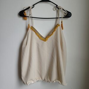 Hem & Thread Bohemian Cream Tassel Women's Top Fringe Hem Size Large